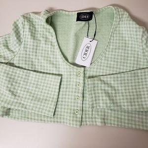 cropped green checkered button up top